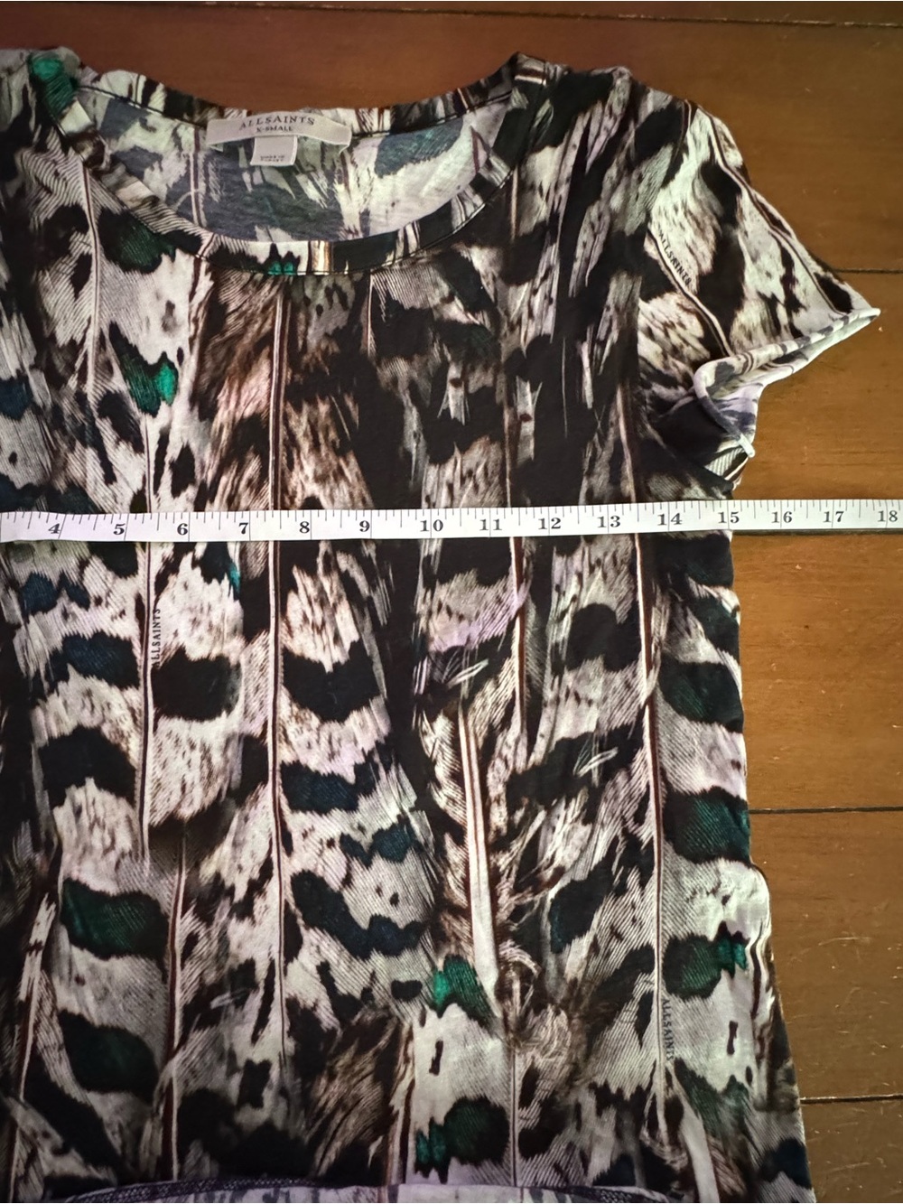 All Saints Women's Abstract Feather-Print Short Sleeve Top - Black/Green - Picture 8 of 9